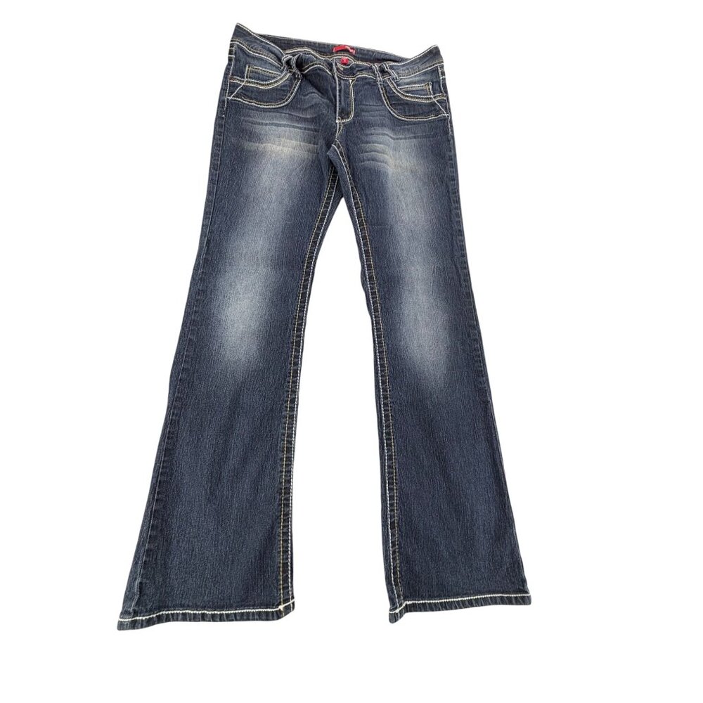 Bongo Dark Wash Bootcut Jeans Womens 11 Contrast Stitching Back Flap Pockets